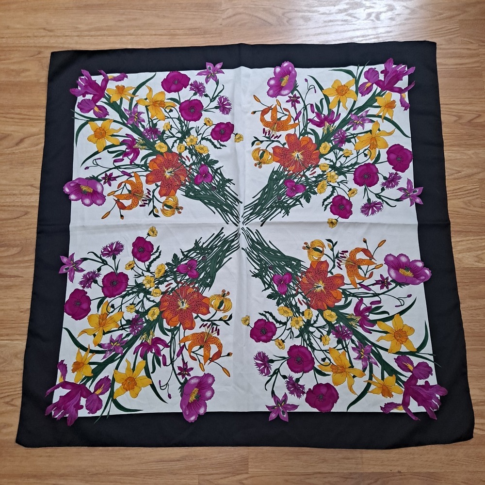 Berkshire Italian Scarf Black & Multicolor Floral Polyester 34"/36" Made Italy